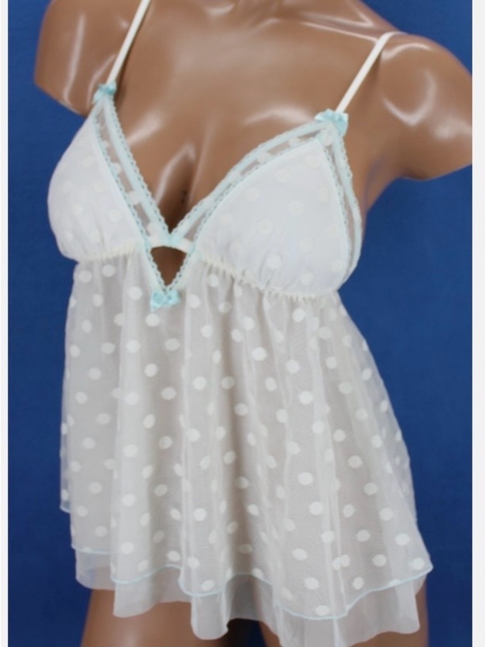 Victoria's Secret White Sheer Polka Dot Chemise with Mint Trim